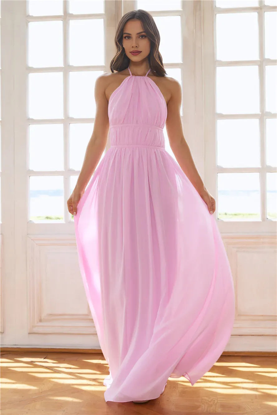 Casual Fashion A-line Halter Pleated Tie Open Back Pink Floor Length Prom Dress