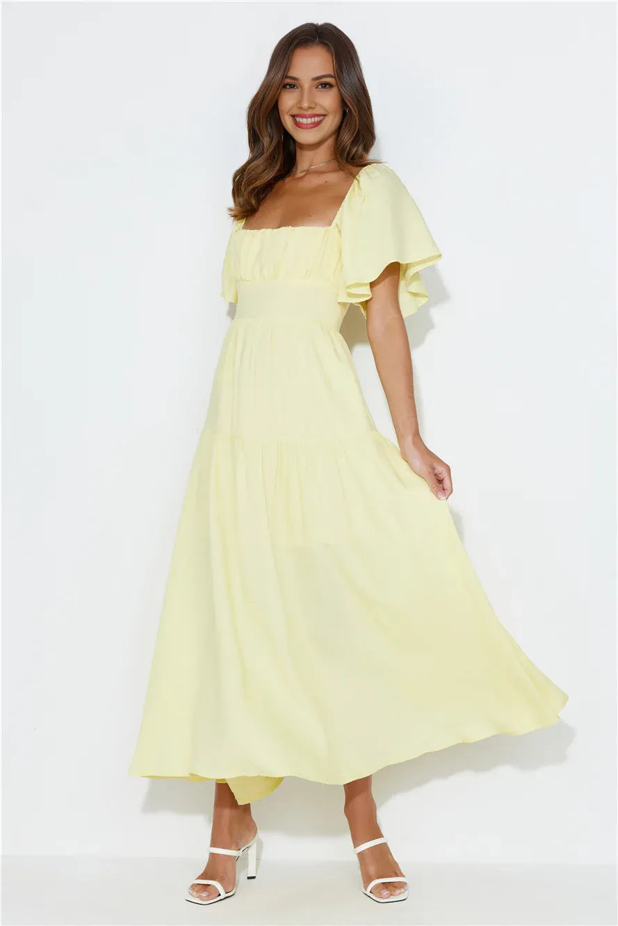 Casual Lovely A-line Square Neck Cap Sleeve Tie Yellow Tea-Length Prom Dress