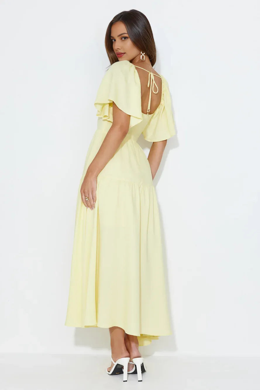 Casual Lovely A-line Square Neck Cap Sleeve Tie Yellow Tea-Length Prom Dress