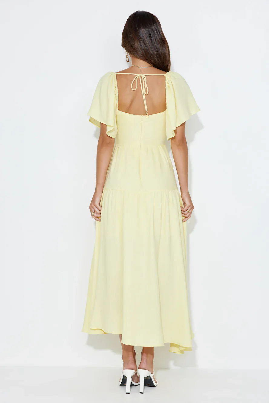 Casual Lovely A-line Square Neck Cap Sleeve Tie Yellow Tea-Length Prom Dress