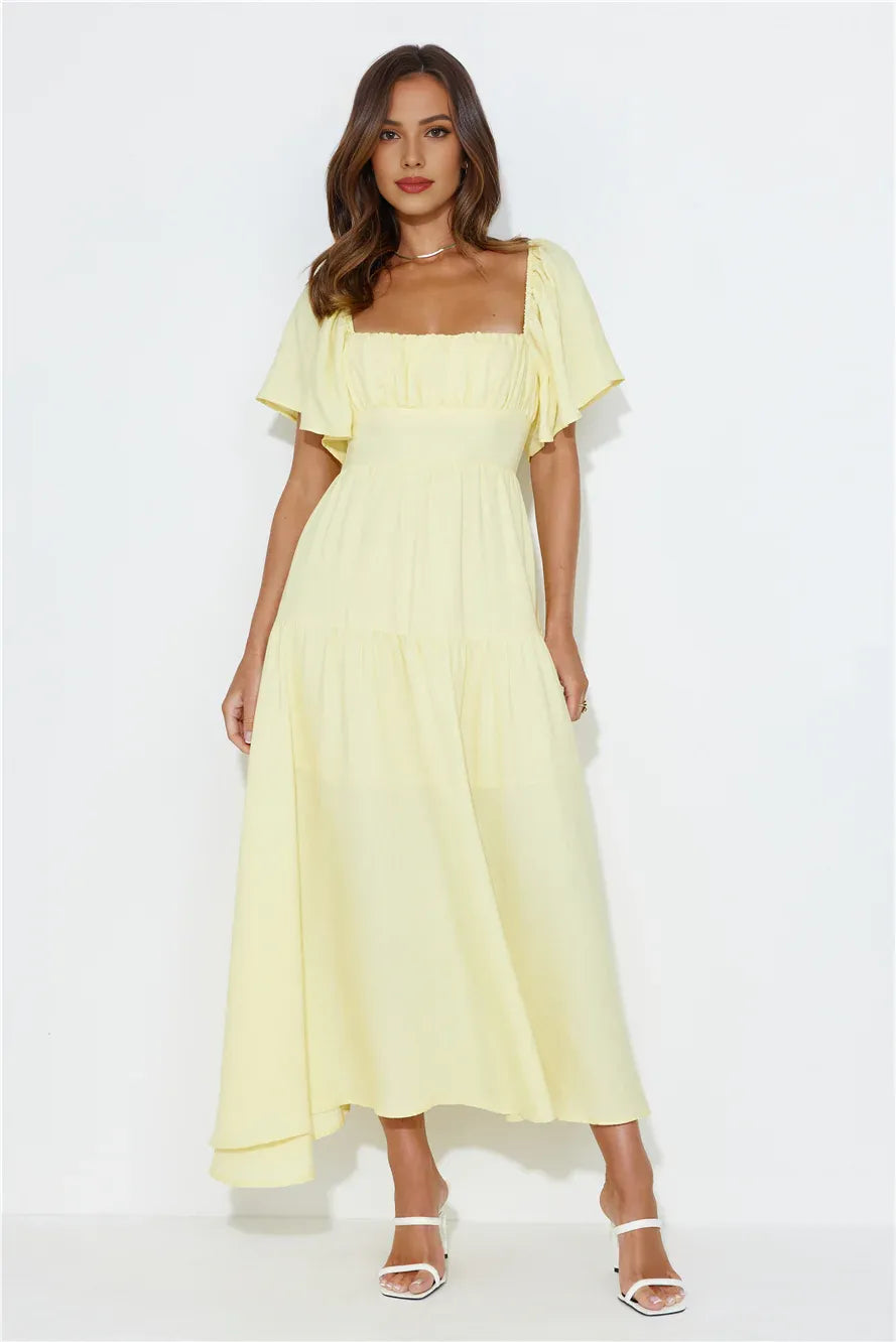 Casual Lovely A-line Square Neck Cap Sleeve Tie Yellow Tea-Length Prom Dress