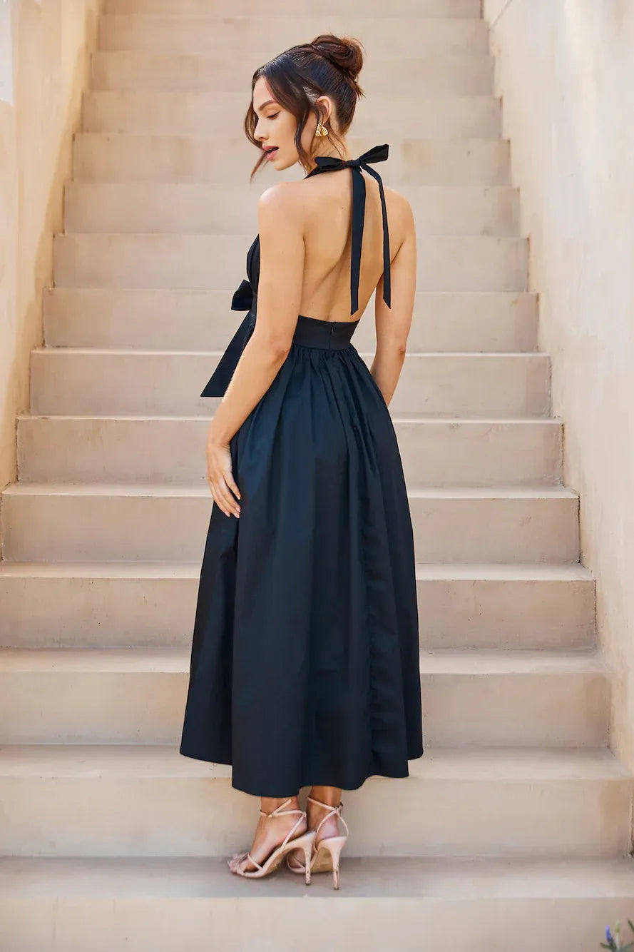 Casual Simple A-line Halter Bow Open Back Black Midi Prom Dress With Pocket
