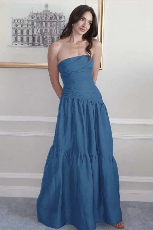 Casual Tiered Strapless Ruched Terracotta Maxi Prom Dress