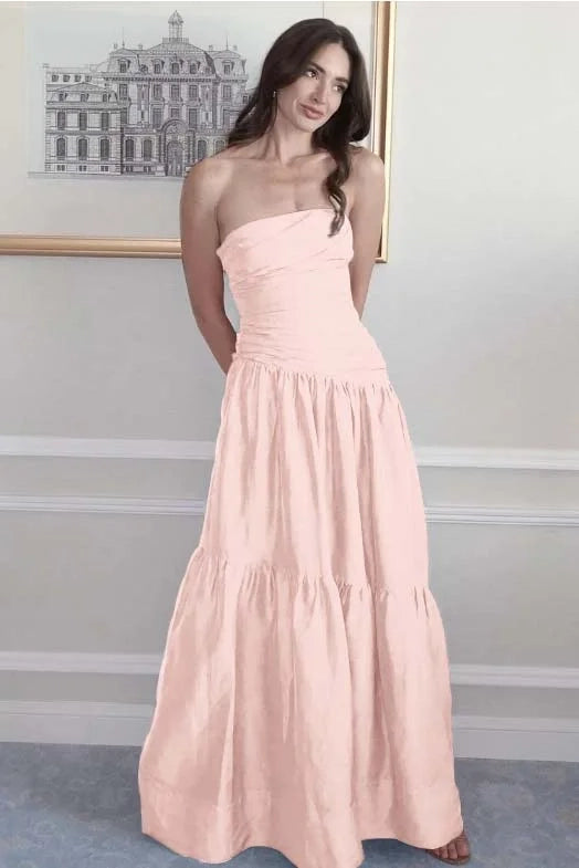 Casual Tiered Strapless Ruched Terracotta Maxi Prom Dress