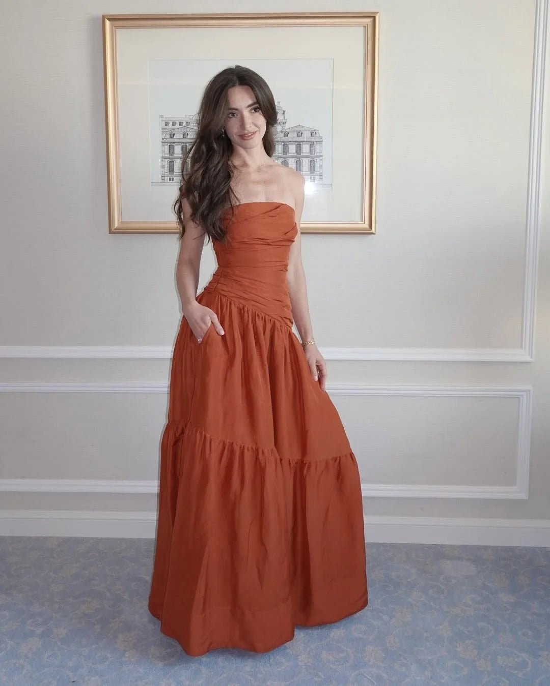 Casual Tiered Strapless Ruched Terracotta Maxi Prom Dress