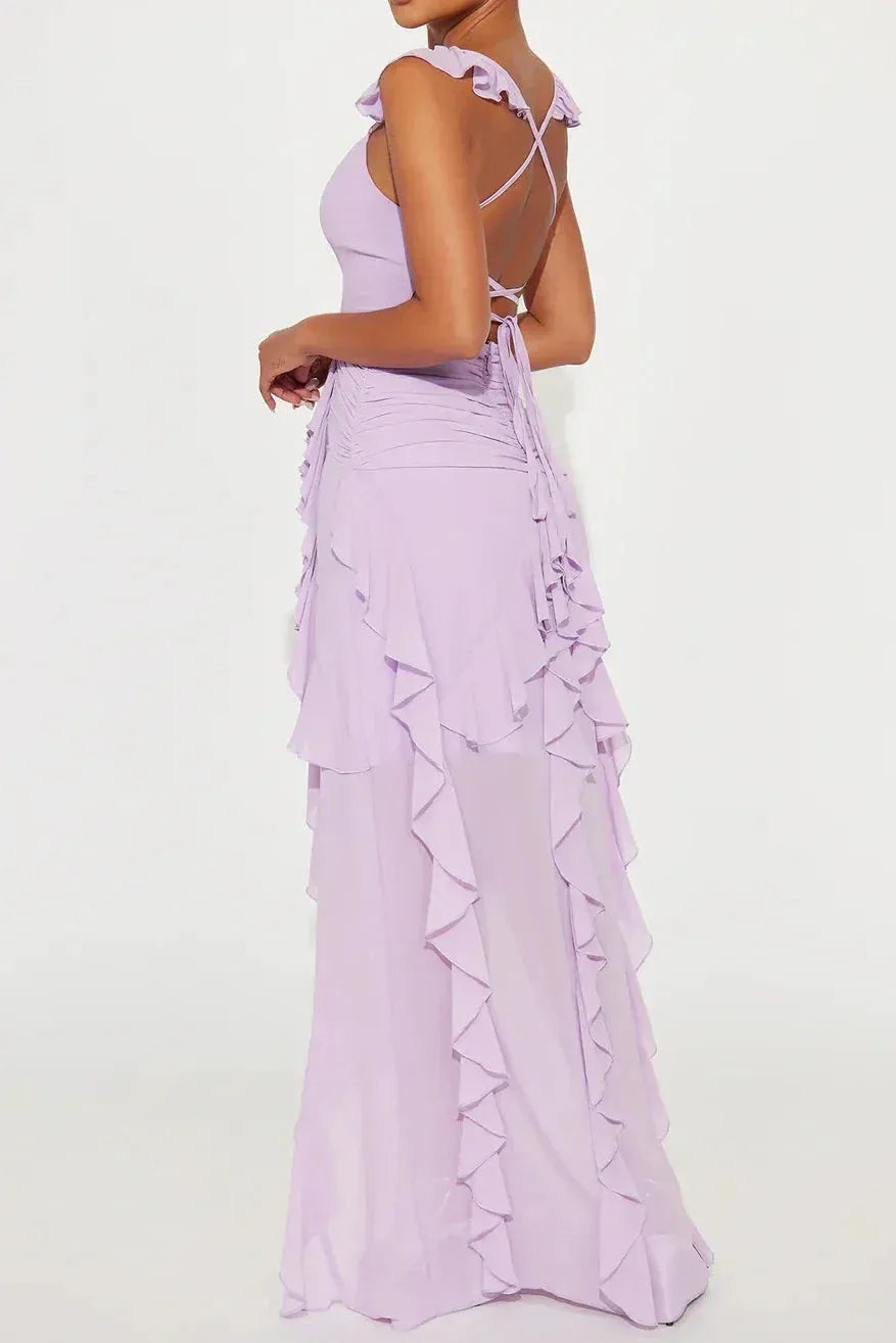 Casual V-Neck Open Back Ruffled Lavender Prom Dress With High Slit Hot Sale