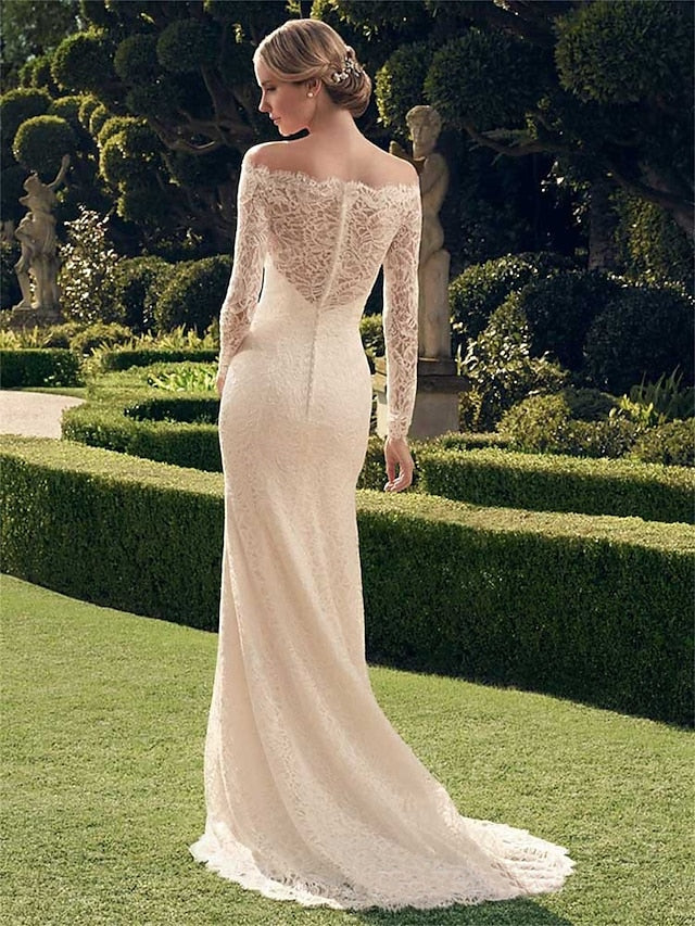 Casual Wedding Dresses Mermaid / Trumpet Off Shoulder Long Sleeve Sweep / Brush Train Chantilly Lace Bridal Gowns