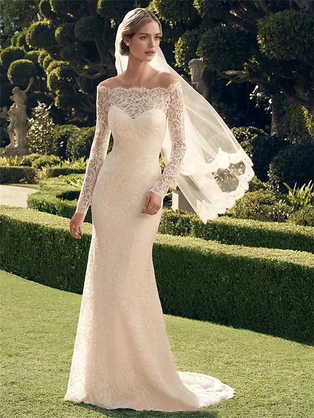 Casual Wedding Dresses Mermaid / Trumpet Off Shoulder Long Sleeve Sweep / Brush Train Chantilly Lace Bridal Gowns