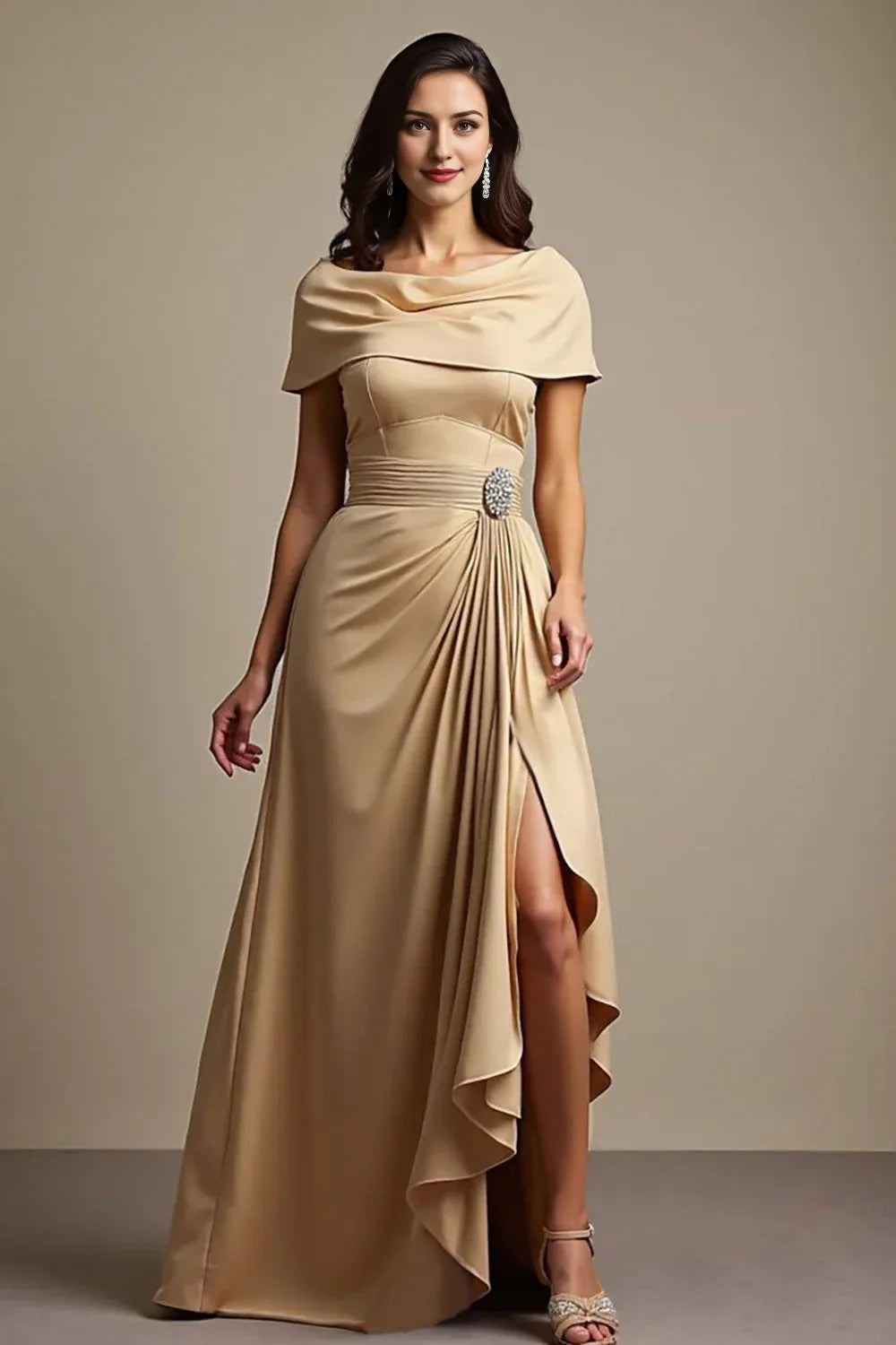 Champagne A Line Satin Ruffled Maxi Mother of the Bride Dress with Slit