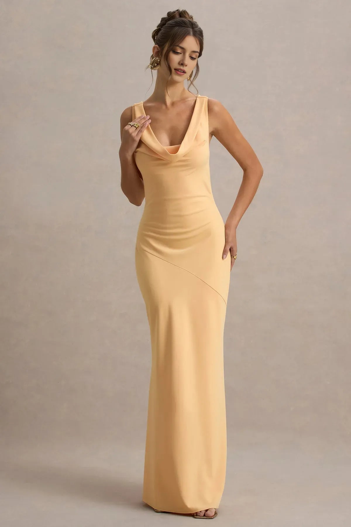 Champagne  Colored Floor Length Prom Dress with Cowl Neckline Sleeveless Silhouette and Asymmetric Seam Accent