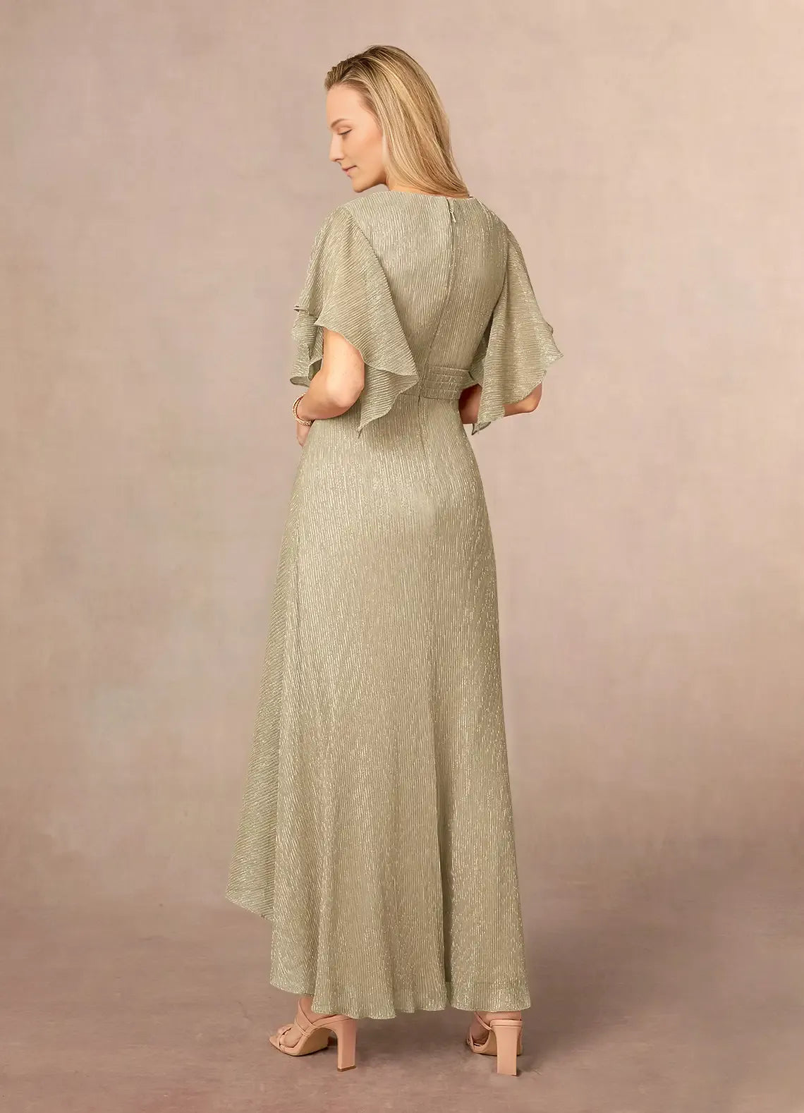 Champagne Gold A-Line Ruffle Flutter Sleeve Metallic Mesh Mother of the Bride Dress with Flutter Sleeves Twist - Front V - Neck Textured Chiffon