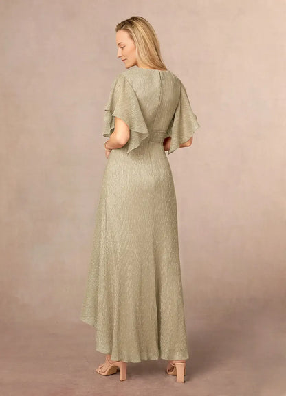 Champagne Gold A-Line Ruffle Flutter Sleeve Metallic Mesh Mother of the Bride Dress with Flutter Sleeves Twist - Front V - Neck Textured Chiffon