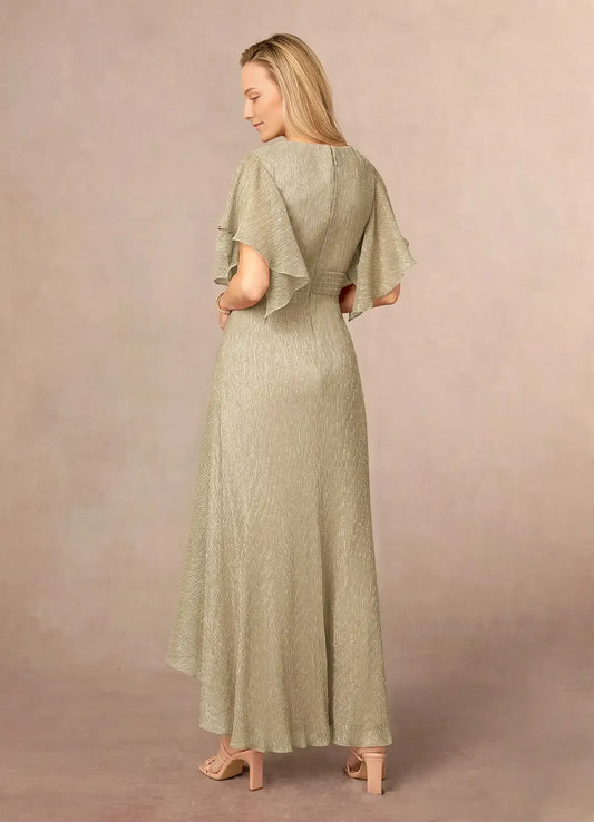 Champagne Gold A-Line Ruffle Flutter Sleeve Metallic Mesh Mother of the Bride Dress with Flutter Sleeves Twist - Front V - Neck Textured Chiffon