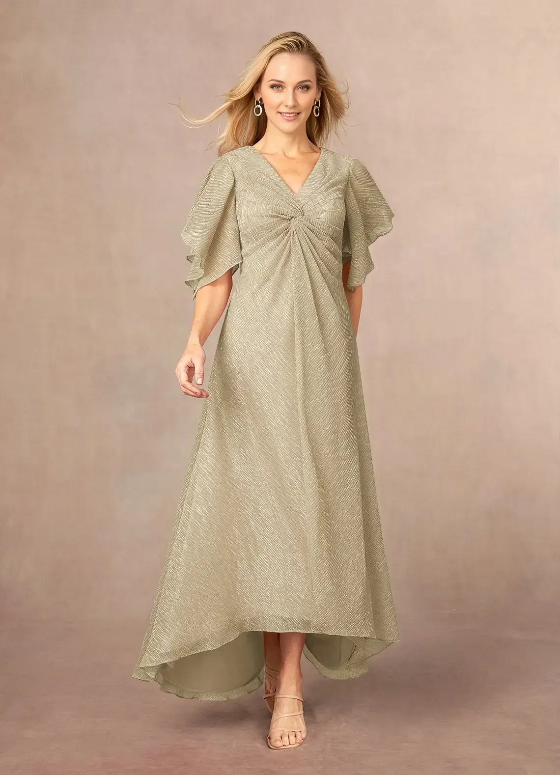 Champagne Gold A-Line Ruffle Flutter Sleeve Metallic Mesh Mother of the Bride Dress with Flutter Sleeves Twist - Front V - Neck Textured Chiffon