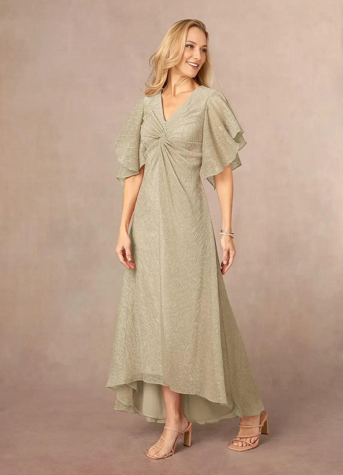 Champagne Gold A-Line Ruffle Flutter Sleeve Metallic Mesh Mother of the Bride Dress with Flutter Sleeves Twist - Front V - Neck Textured Chiffon