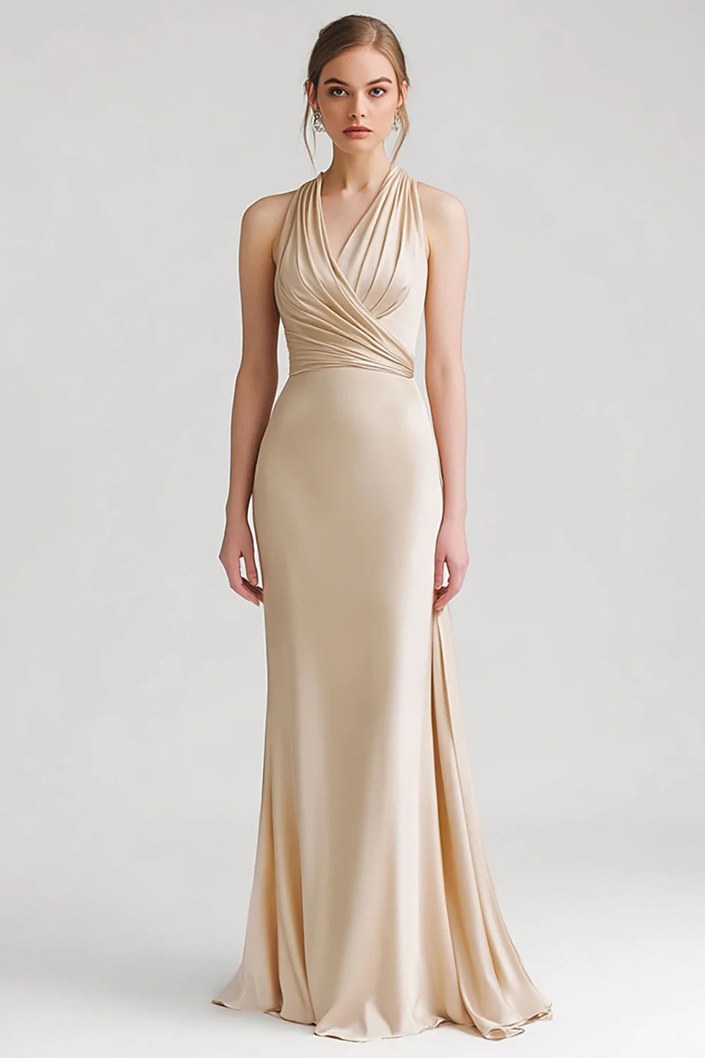 Champagne Halter Sheath Ruched Evening Dress ?