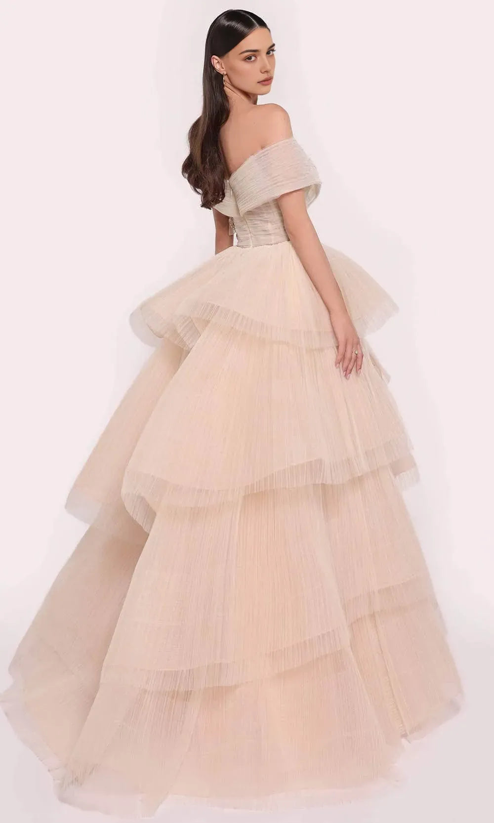 Champagne Off - Shoulder Tulle Evening Dresses with Tiered Ruffles Corset Bodice and Floral Embellishment for Formal Galas