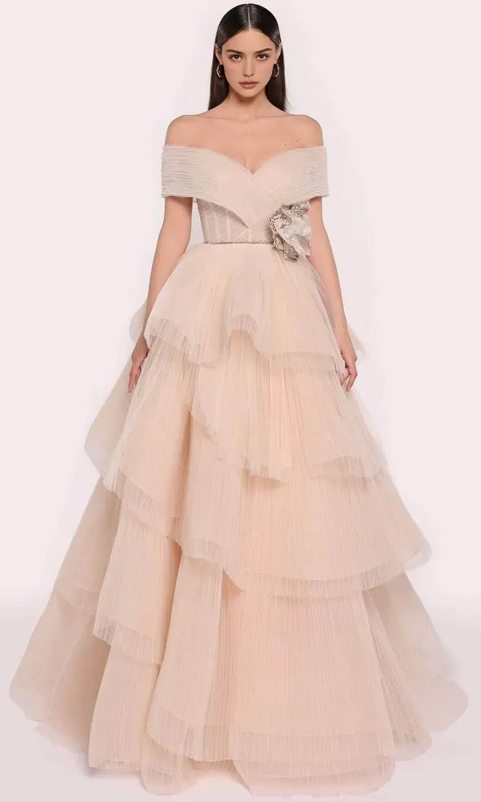 Champagne Off - Shoulder Tulle Evening Dresses with Tiered Ruffles Corset Bodice and Floral Embellishment for Formal Galas