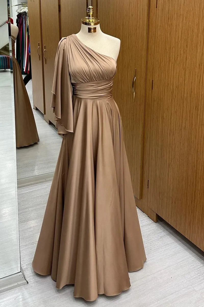 Champagne One-Shoulder Flared Sleeve A-Line Mother of the Bride Dresses
