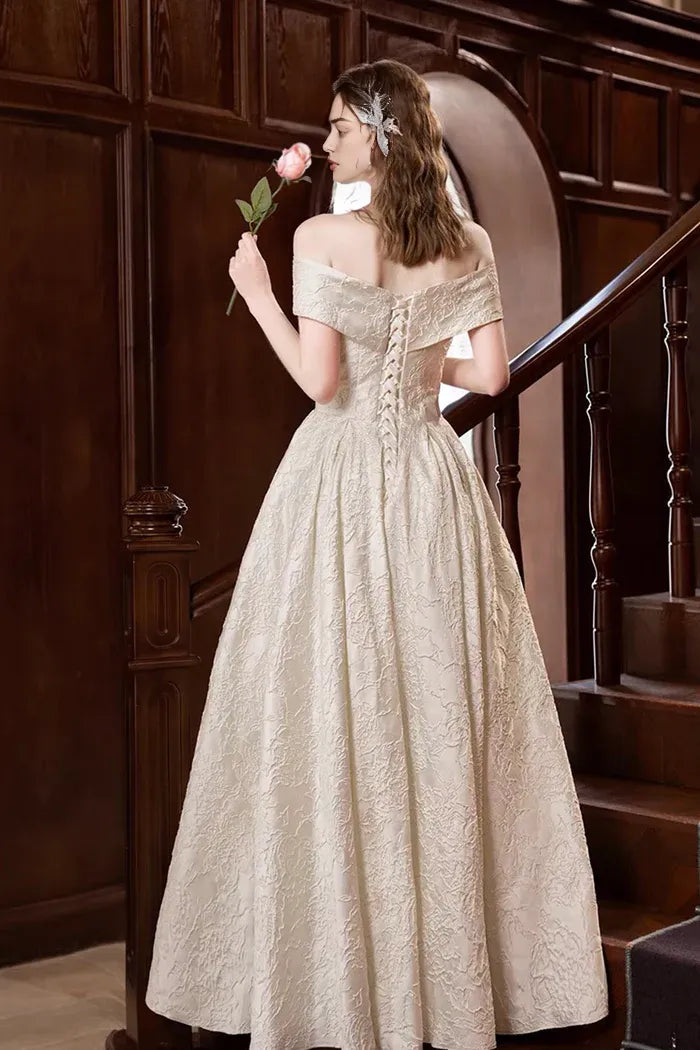 Champagne Print Satin Long Prom Dress A-Line Off the Shoulder Party Dress ﻿