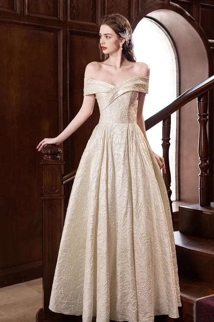 Champagne Print Satin Long Prom Dress A-Line Off the Shoulder Party Dress ﻿