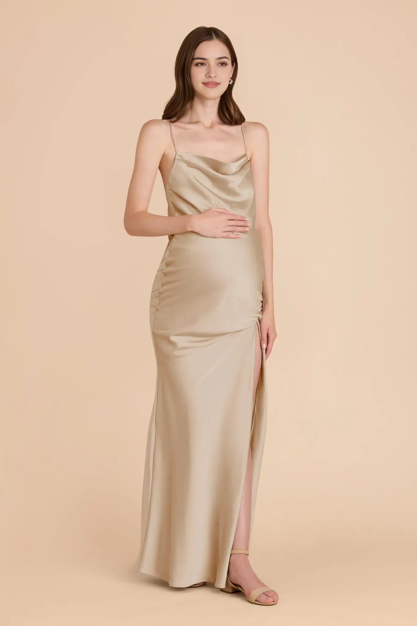 Champagne Satin Cowl Neck Prom Dress Spaghetti Strap Gown with Side Slit for Timeless Elegance