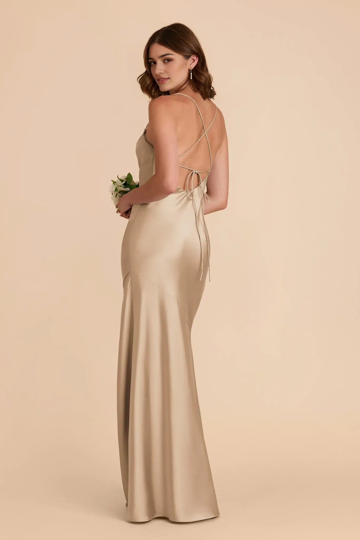 Champagne Satin Cowl Neck Prom Dress Spaghetti Strap Gown with Side Slit for Timeless Elegance