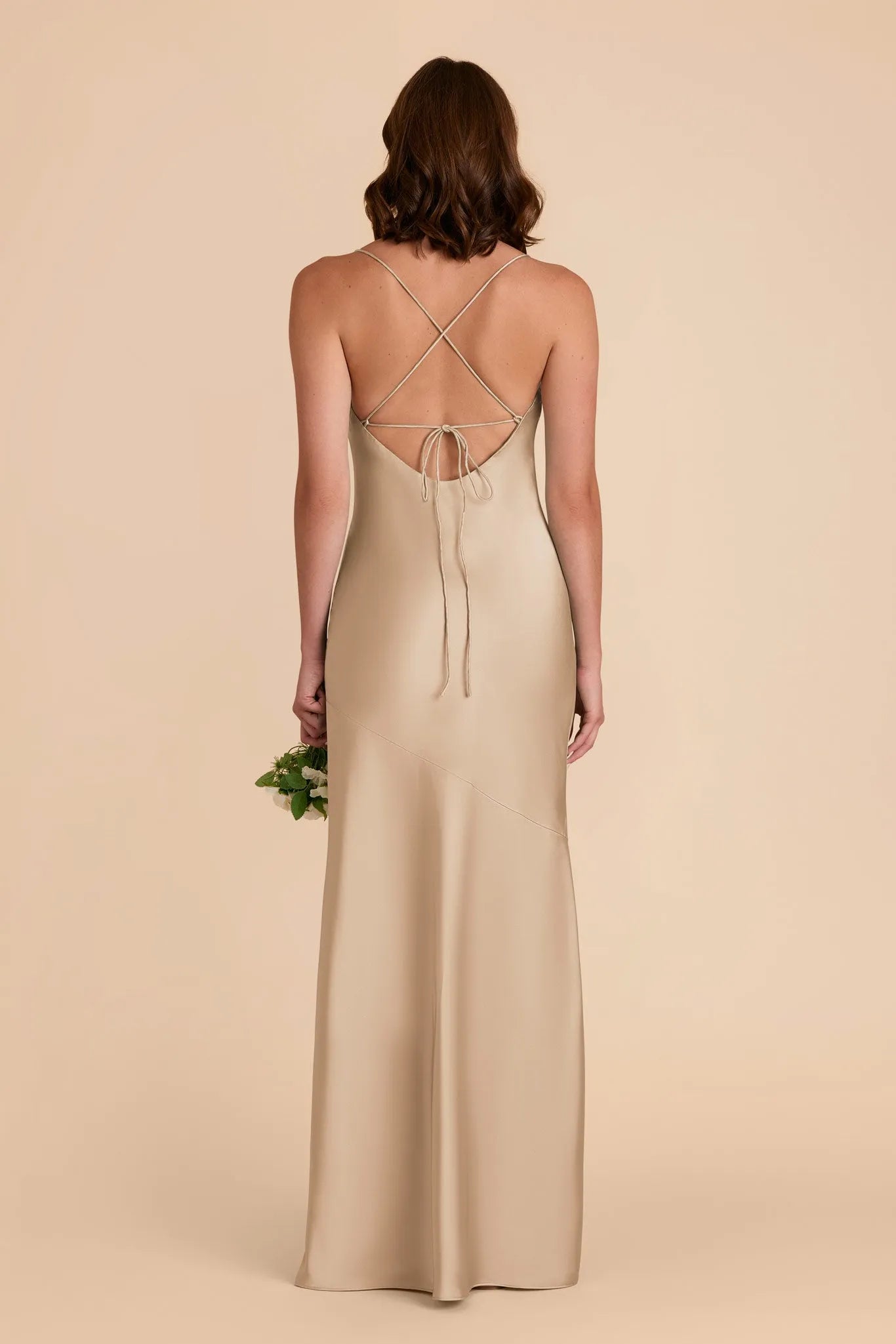 Champagne Satin Cowl Neck Prom Dress Spaghetti Strap Gown with Side Slit for Timeless Elegance