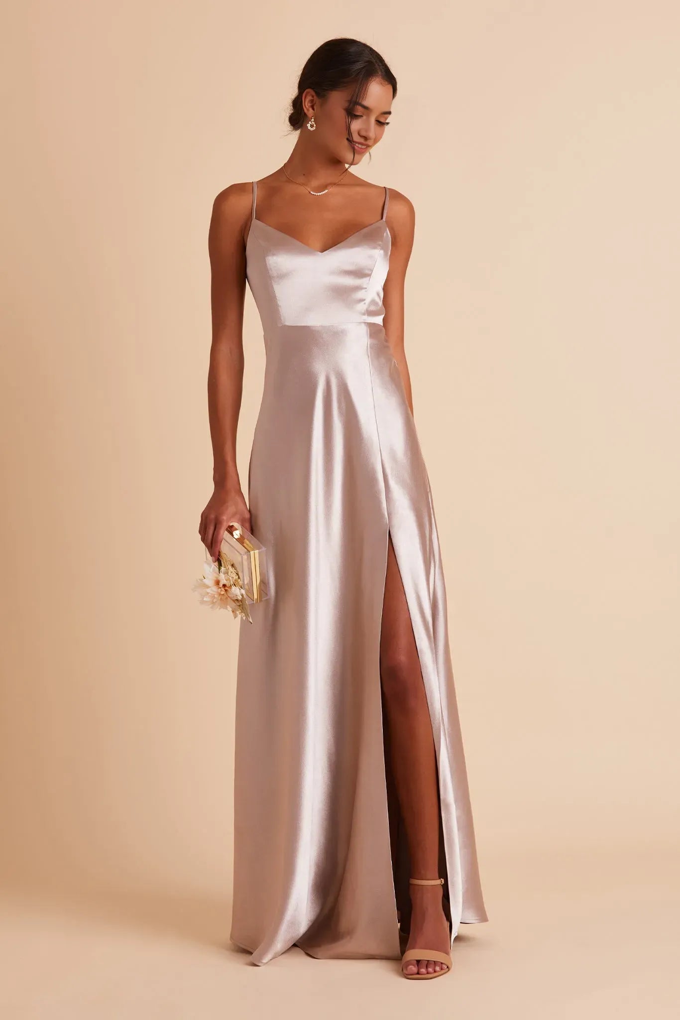 Champagne Satin Deep V - Neck Prom Dress with Side Slit -French Riviera Inspired Gown for Effortless Formal Elegance