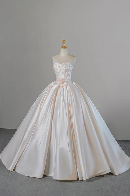 Champagne Satin Long Prom Dress A-Line Strapless Evening Party Dress