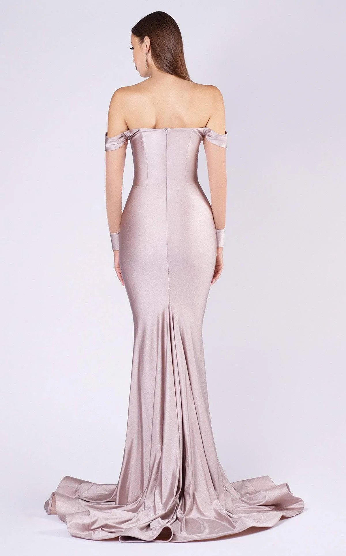 Champagne Satin Off - Shoulder Evening Dress with Illusion Mesh Sleeves Sweetheart Neckline, and Mermaid Train for Glamorous Occasions
