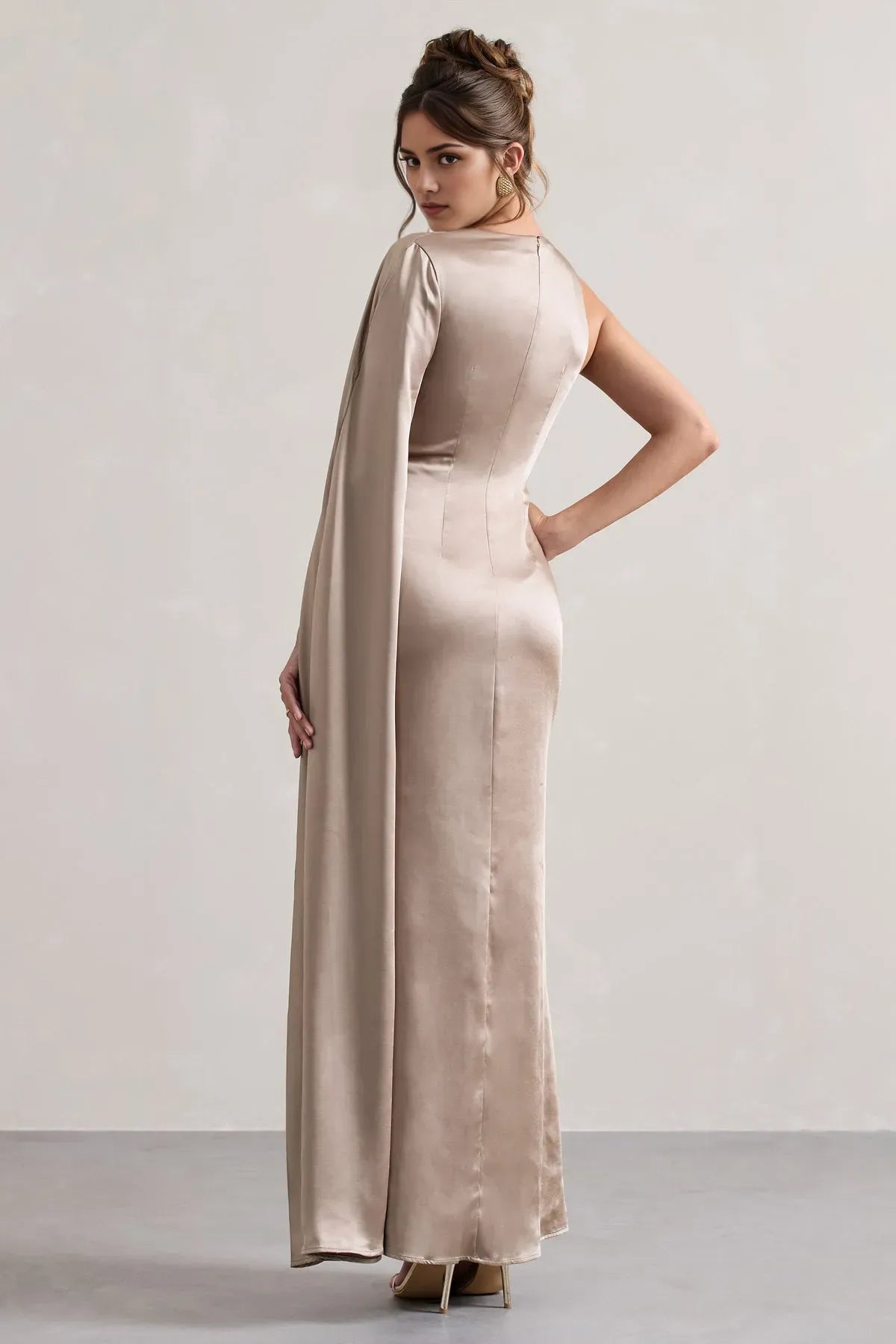 Champagne Satin One  Prom Dresses Cape Detail Side Slit and Flattering Silhouette for Prom Nights