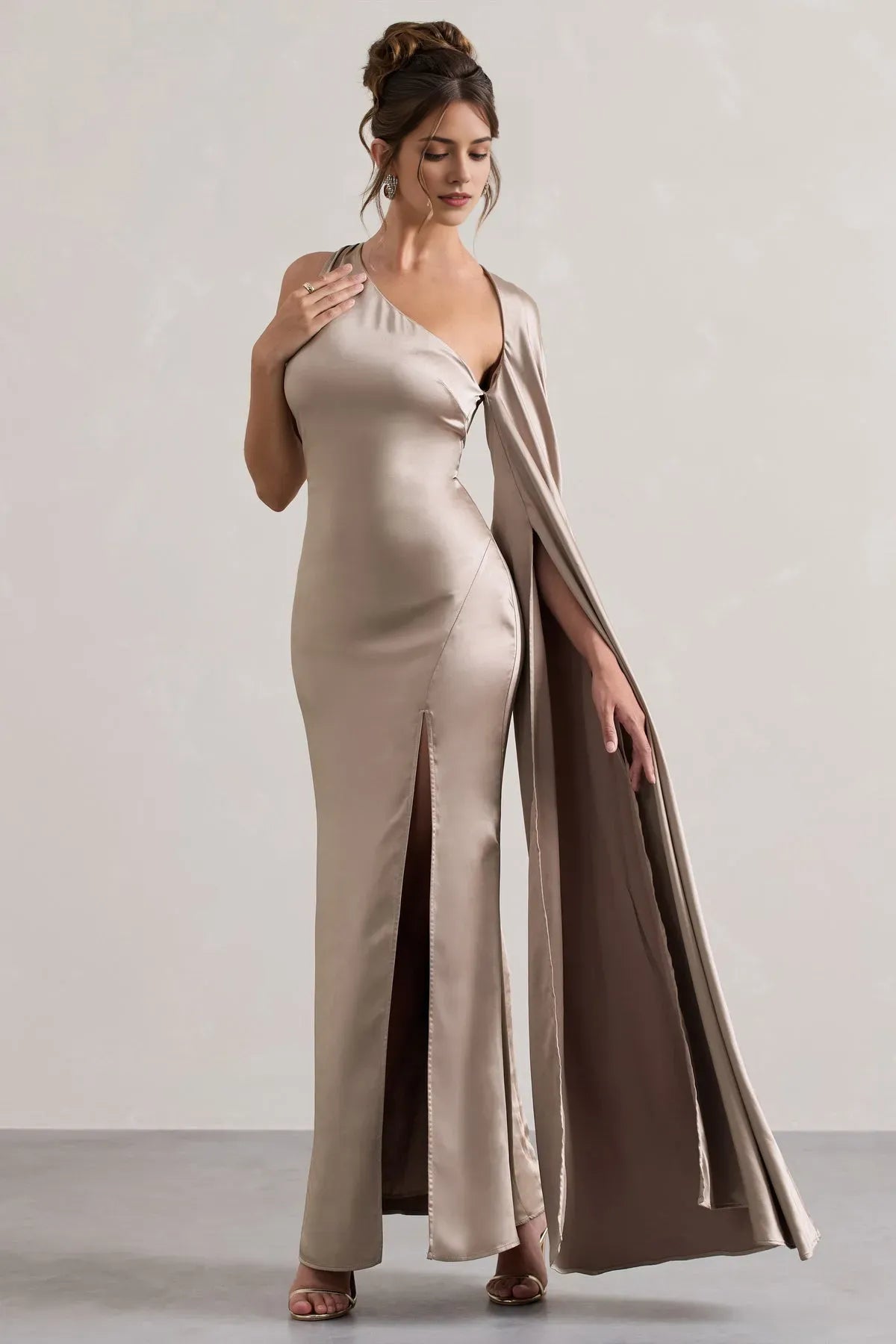Champagne Satin One  Prom Dresses Cape Detail Side Slit and Flattering Silhouette for Prom Nights