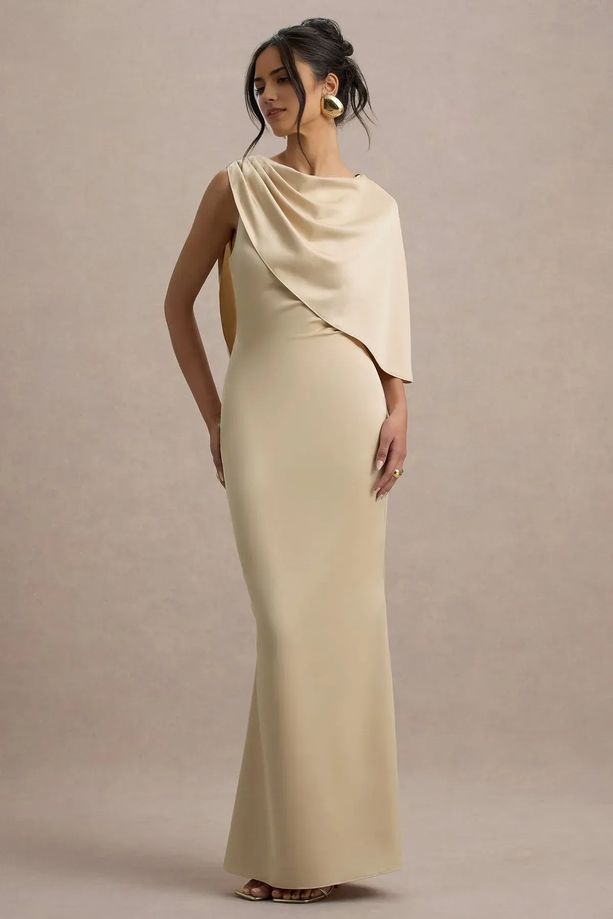 Champagne Satin Prom Dress One Shoulder Drape for a Graceful and Glamorous Look