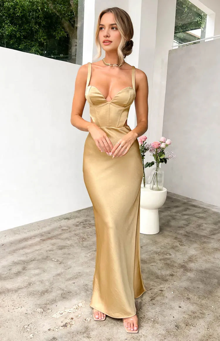 Champagne Satin Prom Dress with Corset Bodice Spaghetti Straps Side Cut  Outs and Maxi Length for Glamorous Evening Events
