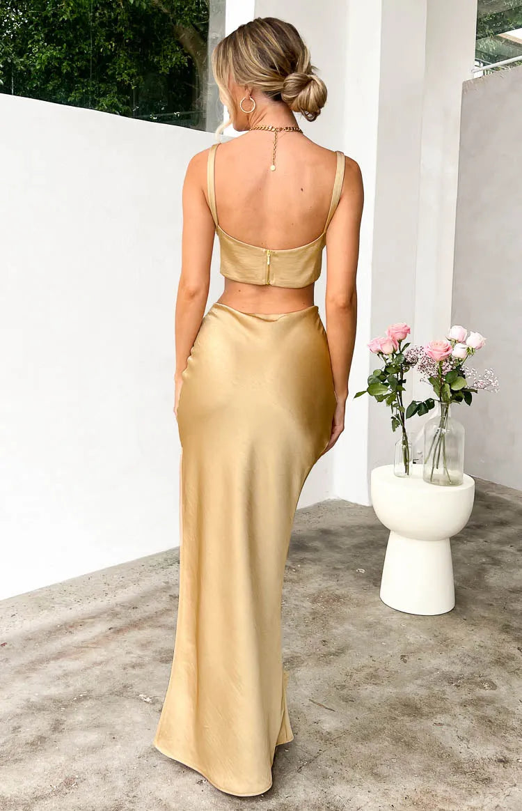 Champagne Satin Prom Dress with Corset Bodice Spaghetti Straps Side Cut  Outs and Maxi Length for Glamorous Evening Events