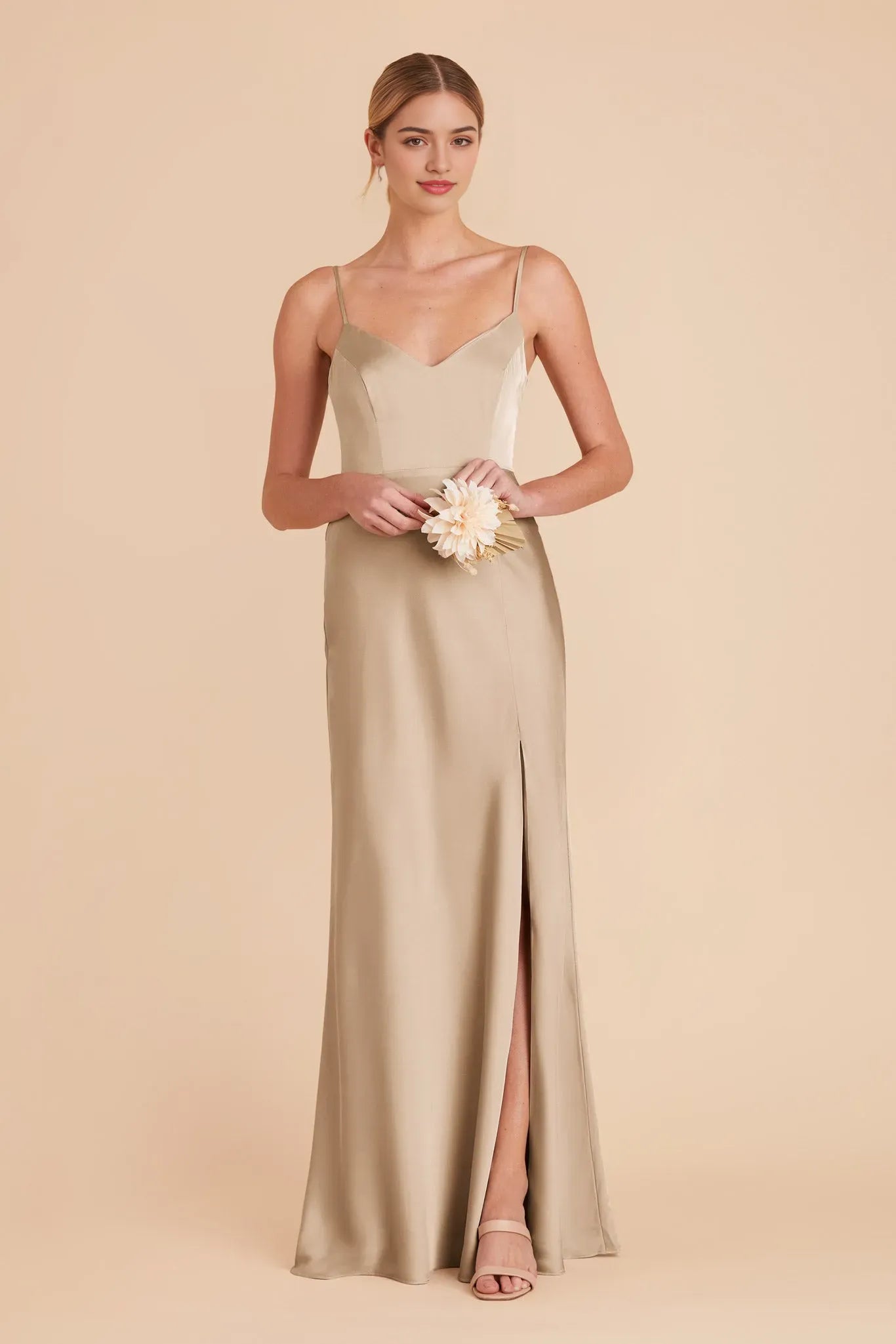 Champagne Satin V - Neck Prom Dress Spaghetti Strap Gown with Side Slit for Effortless Elegance