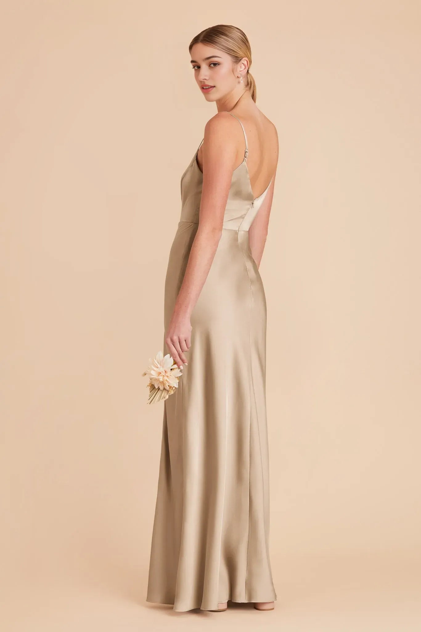 Champagne Satin V - Neck Prom Dress Spaghetti Strap Gown with Side Slit for Effortless Elegance