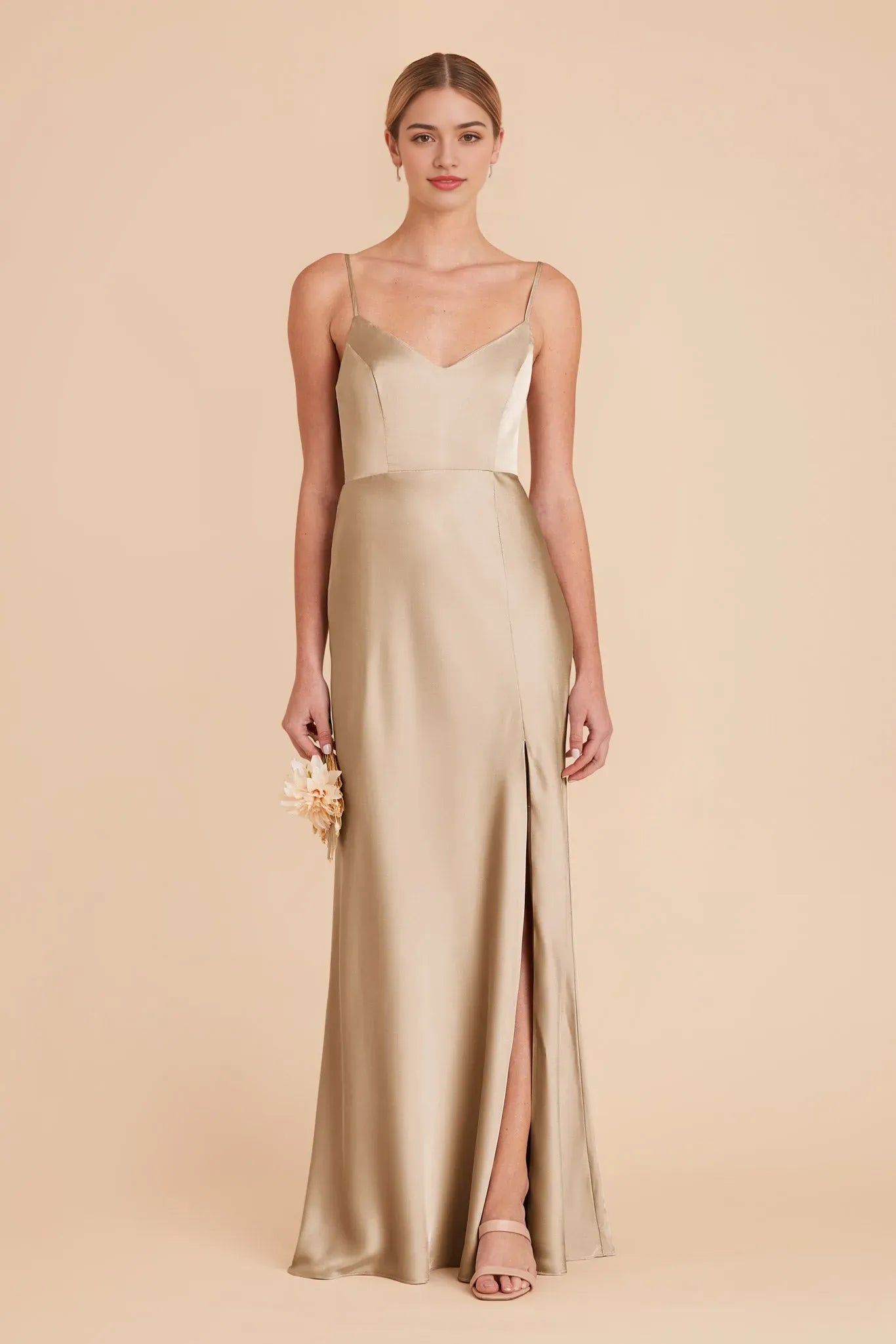 Champagne Satin V - Neck Prom Dress Spaghetti Strap Gown with Side Slit for Effortless Elegance