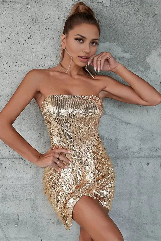 Champagne Sequin Strapless Ruffled Bodycon Party Dress