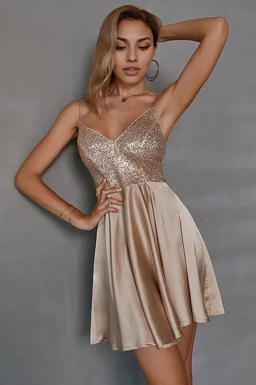 Champagne Sequin and Satin Block V-Neck Pleated Party Dress