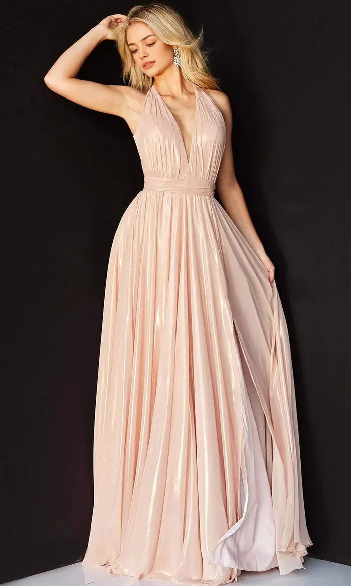 Champagne  Shimmer Halter Neck Evening Dress with Deep V - Neck Pleated Bodice Waist  Cinching Band High Slit Flowy Skirt