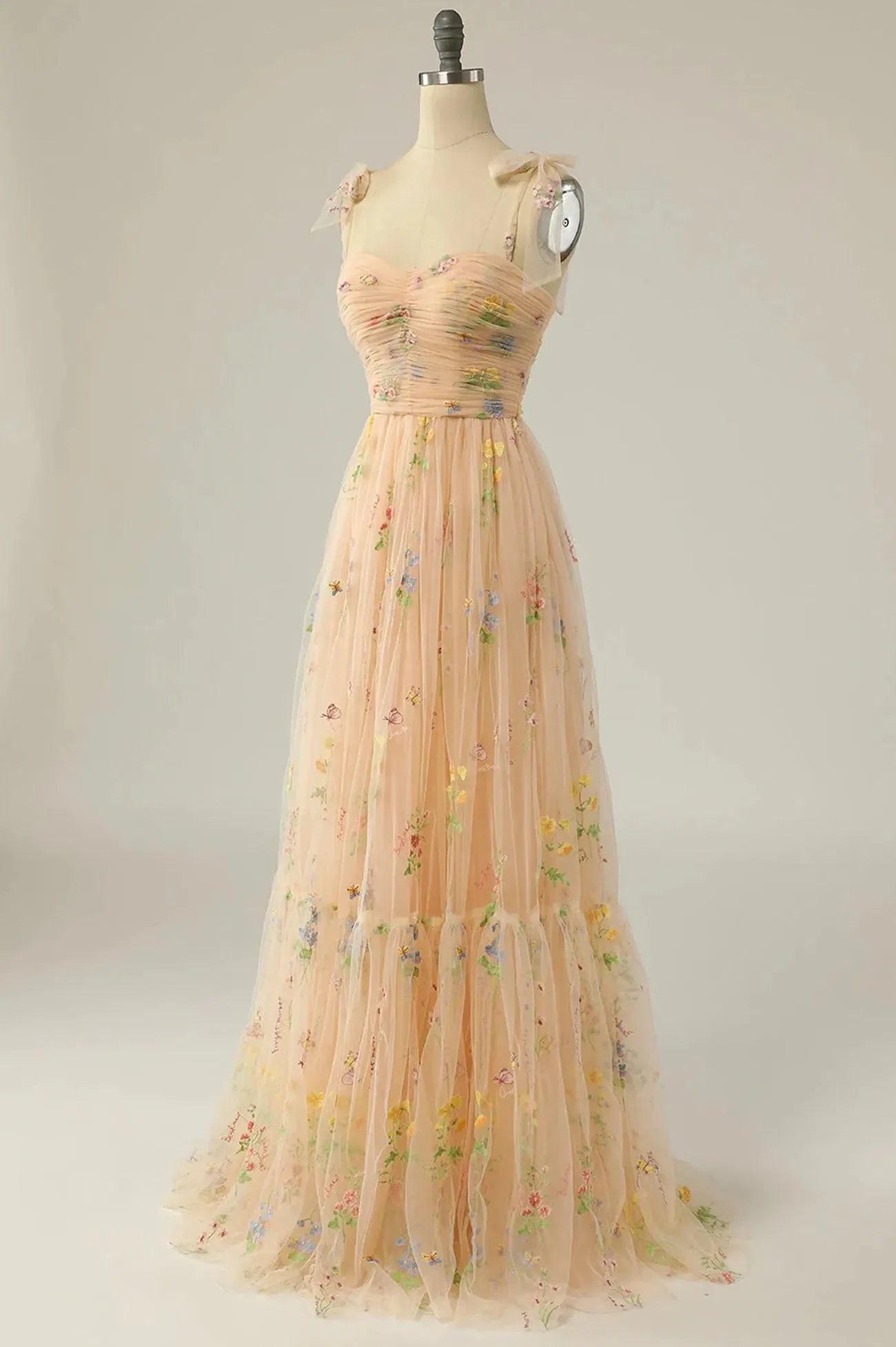 Champagne Tulle Lace Floor Length Prom Dress