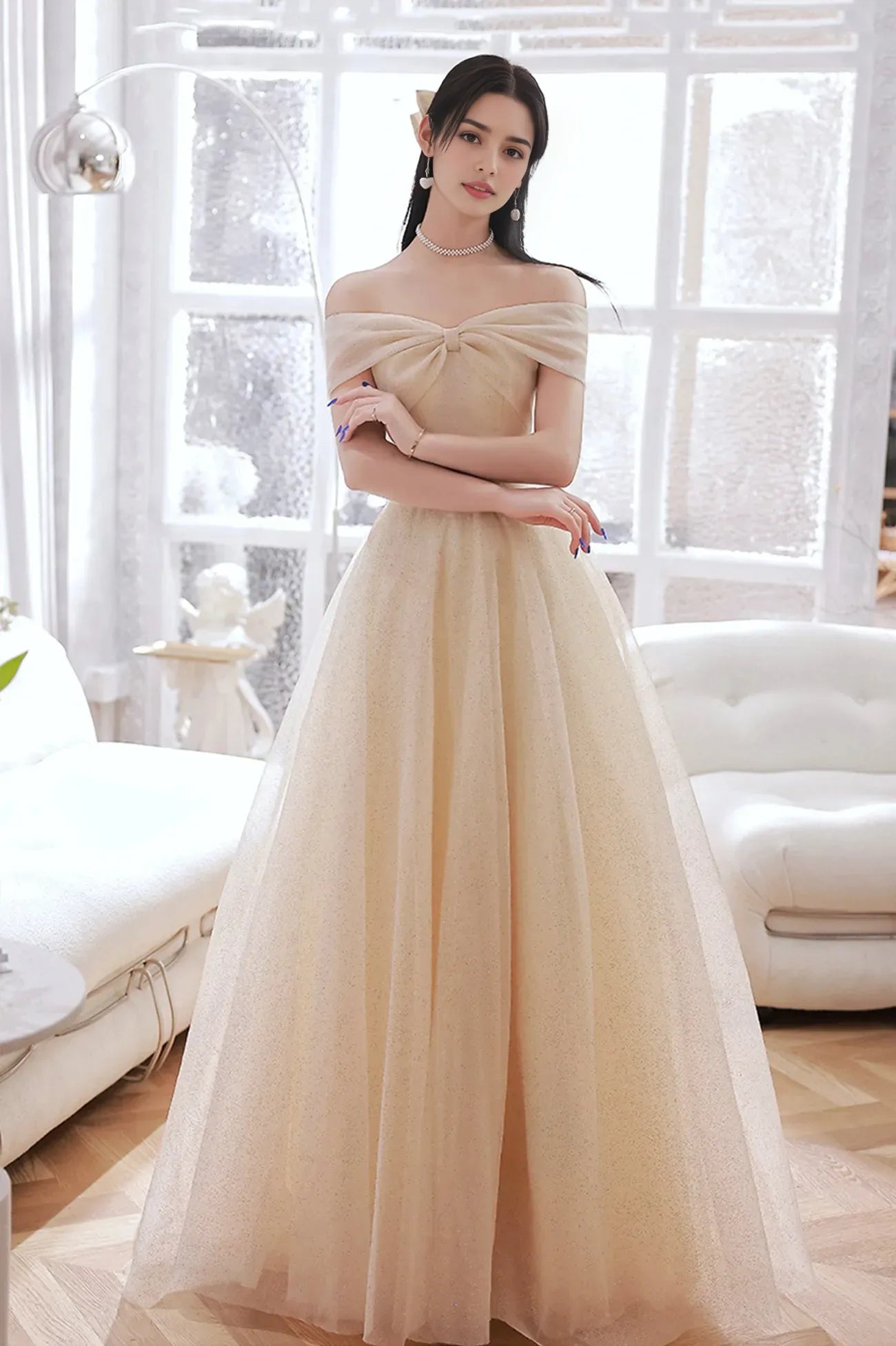 Champagne Tulle Long A-Line Prom Dress