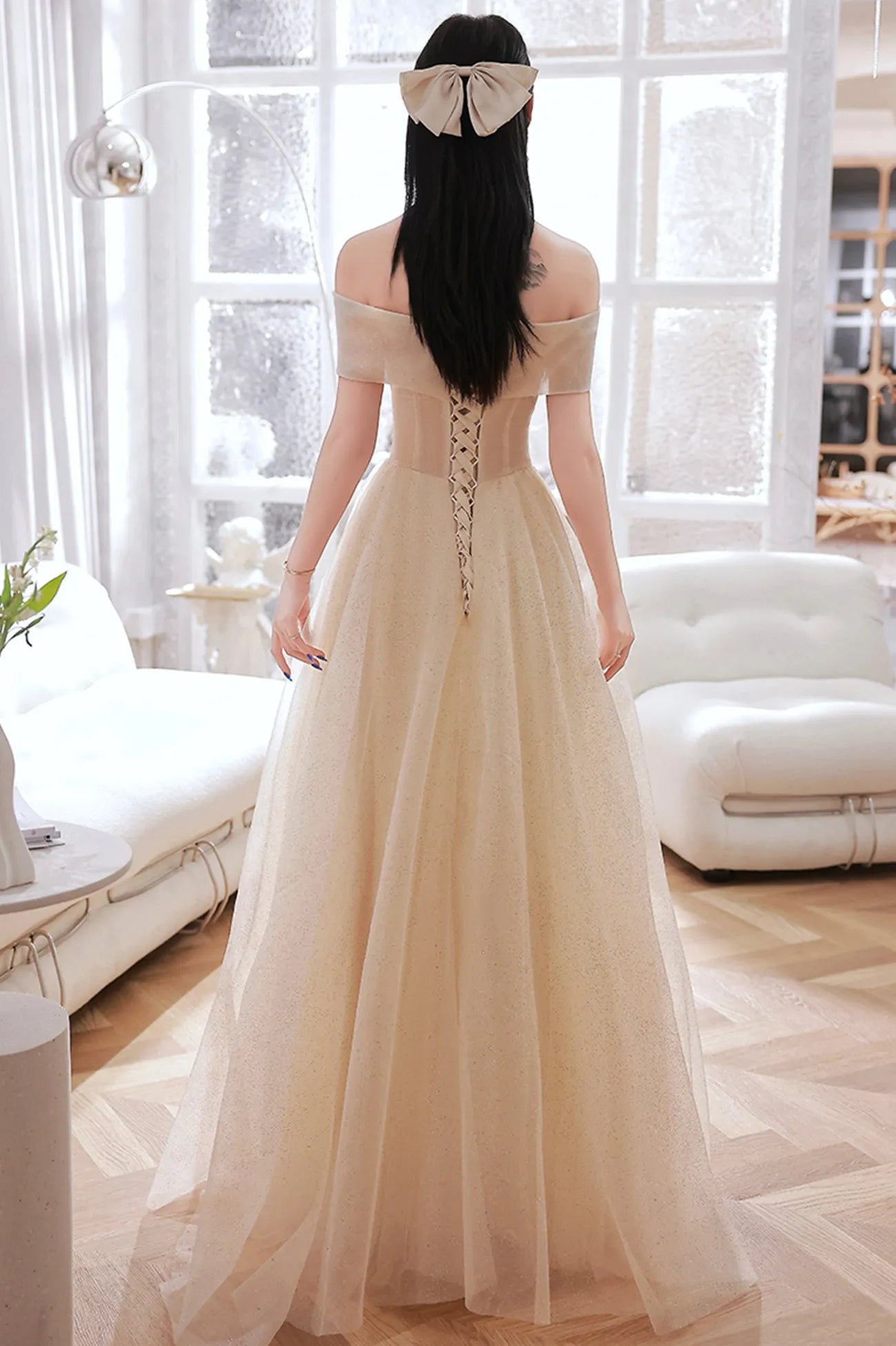 Champagne Tulle Long A-Line Prom Dress