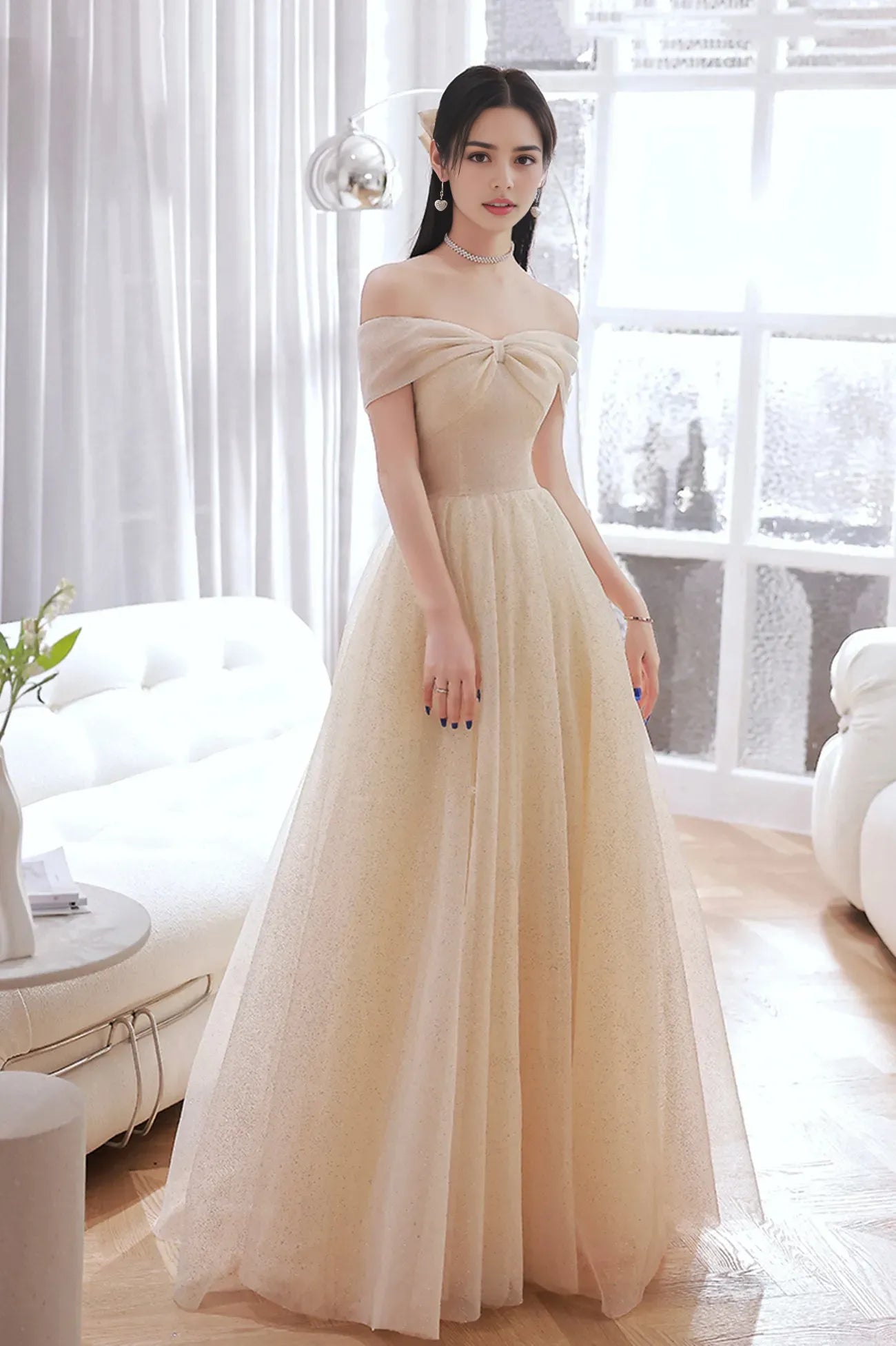 Champagne Tulle Long A-Line Prom Dress