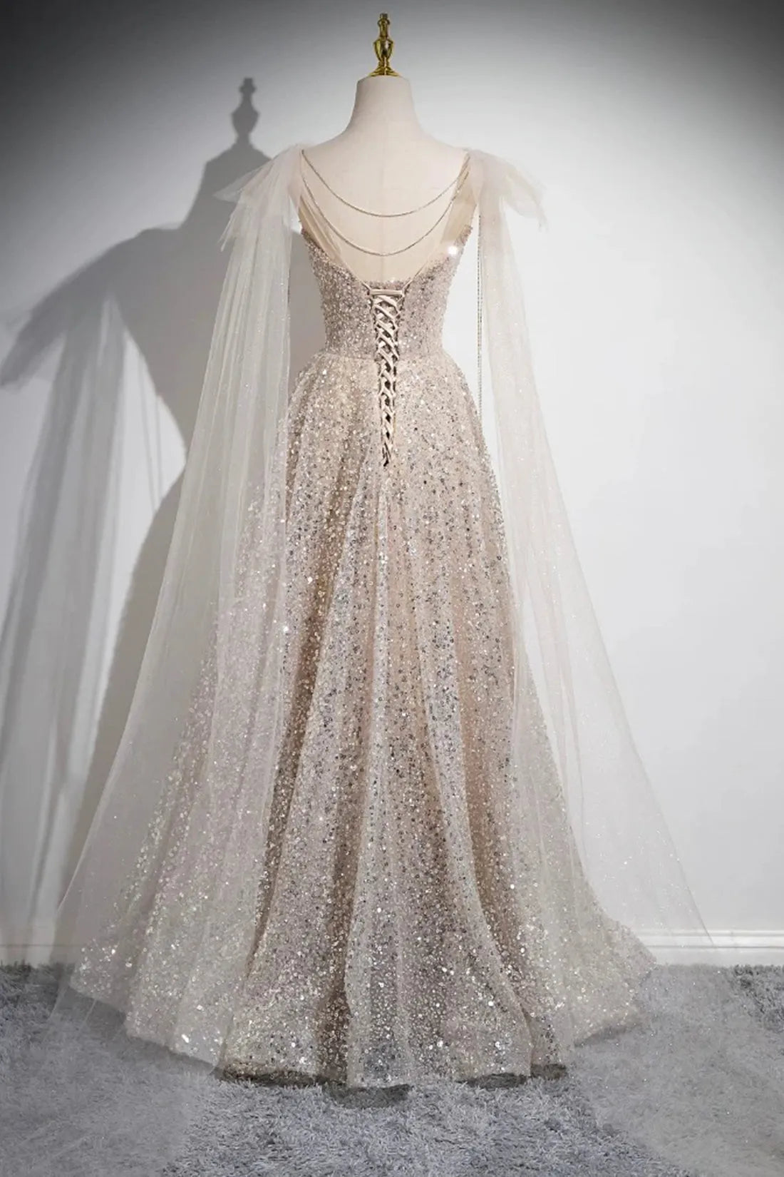 Champagne Tulle Sequins Long Prom Dress Shiny A-Line Party Dress