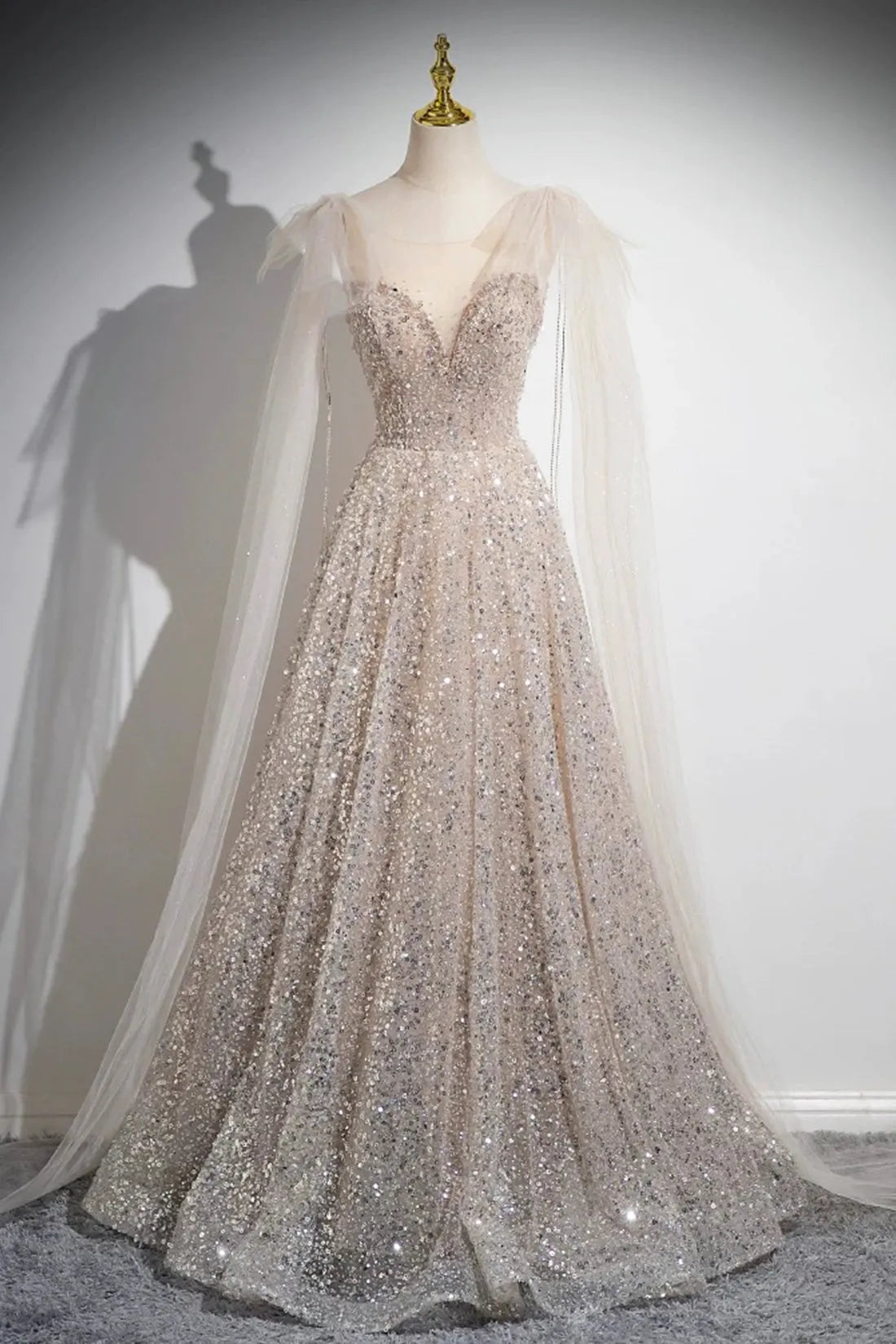 Champagne Tulle Sequins Long Prom Dress Shiny A-Line Party Dress