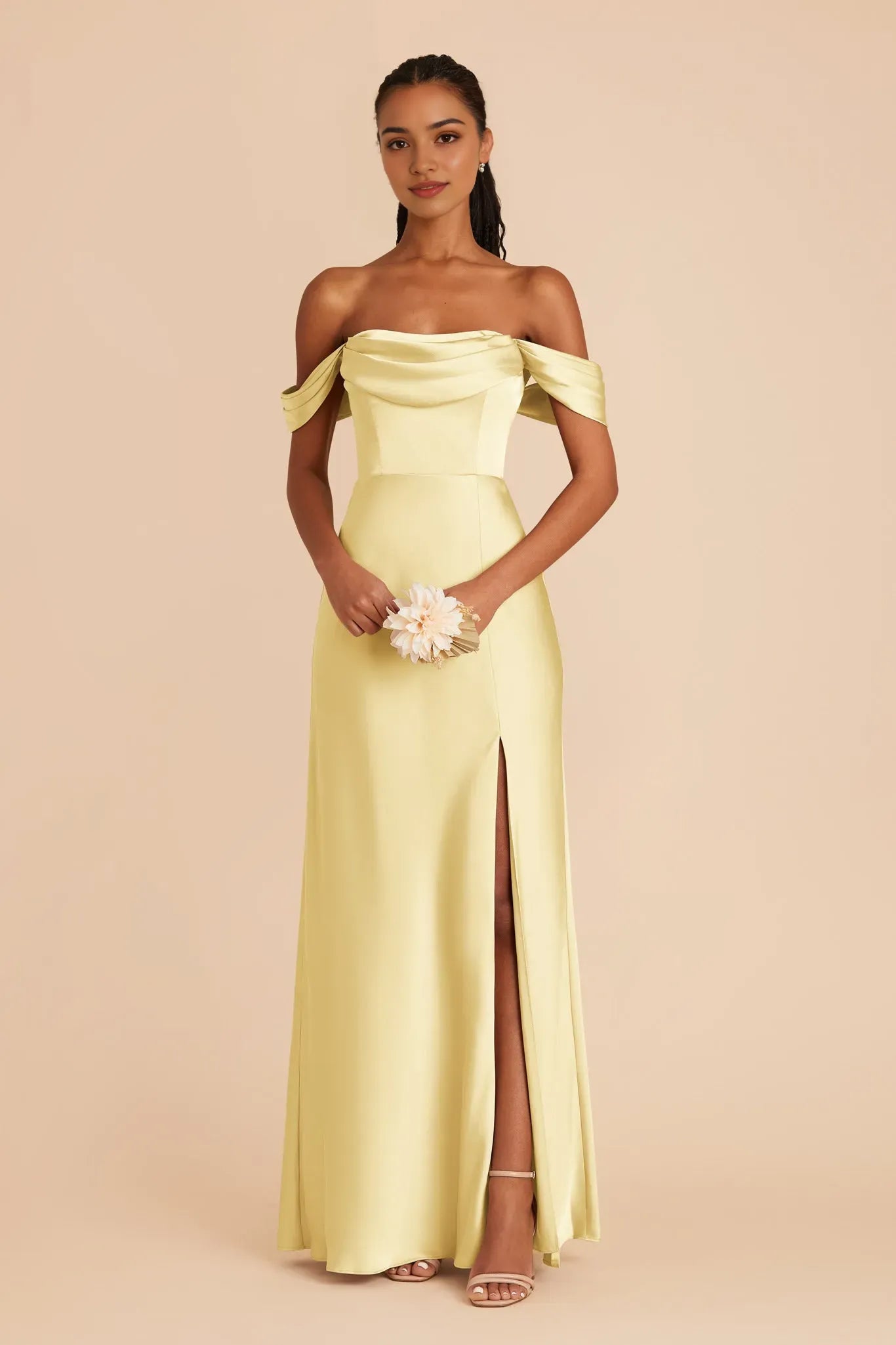 Champagne Yellow Off  Shoulder Satin Evening Dress | Formal Ball  Gala Gown with Slit