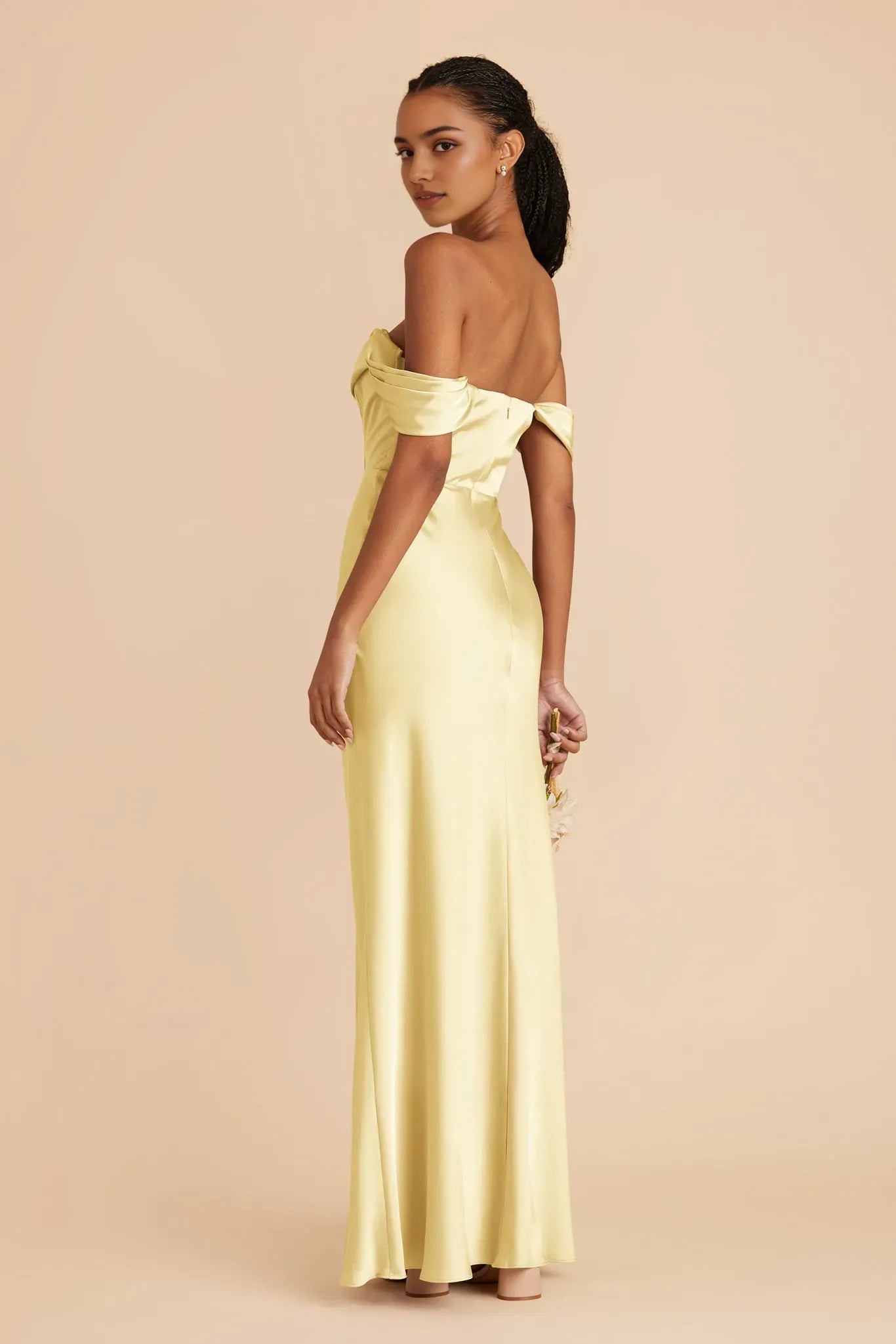 Champagne Yellow Off  Shoulder Satin Evening Dress | Formal Ball  Gala Gown with Slit